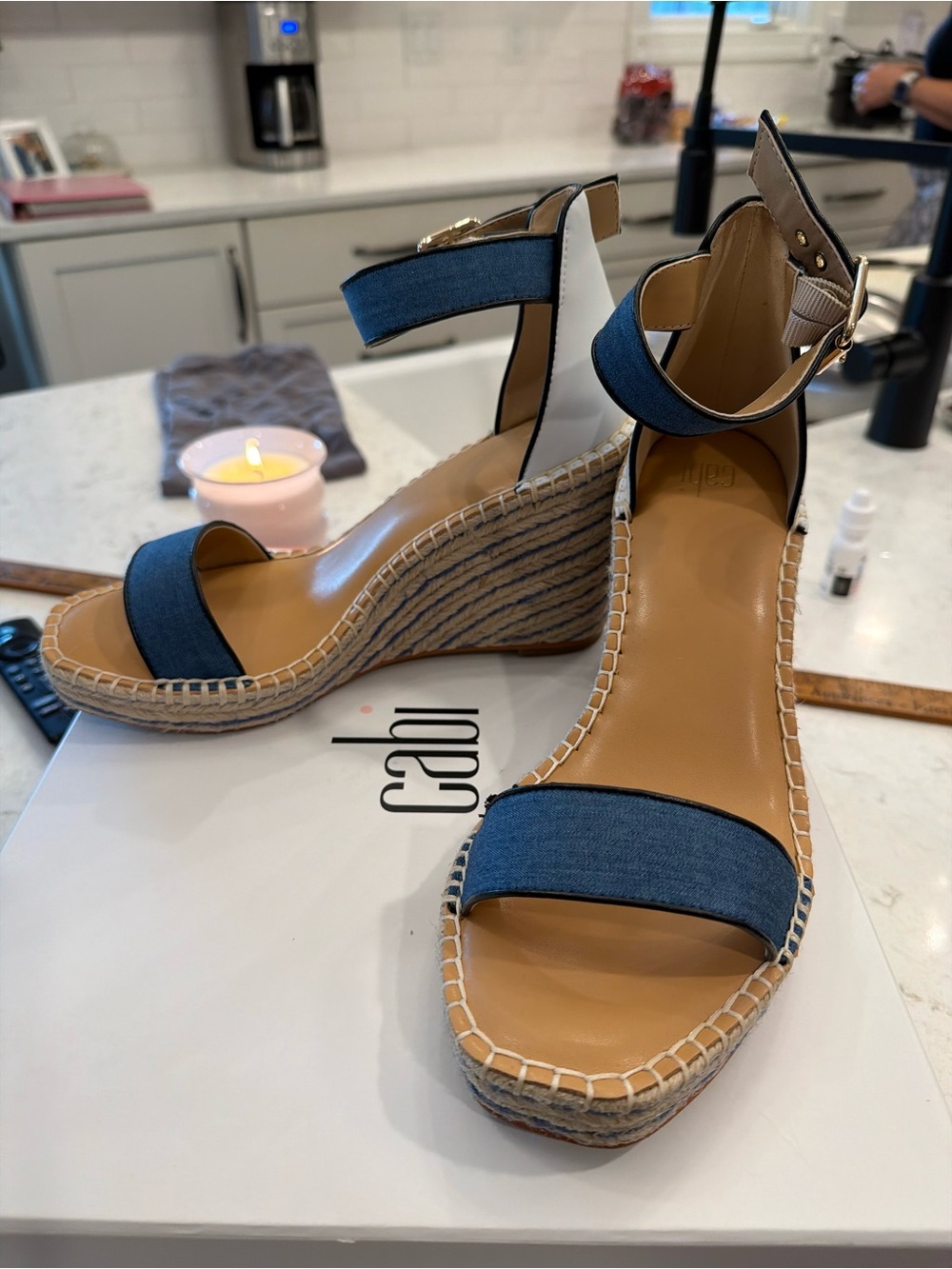 Cabi Blue Denim Espadrille Wedge Sandals with Ankle Strap